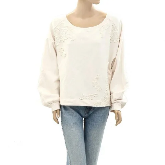 By Anthropologie Crochet Appliqué Pullover Top Oversized Cotton Lace S 272128 Blouses